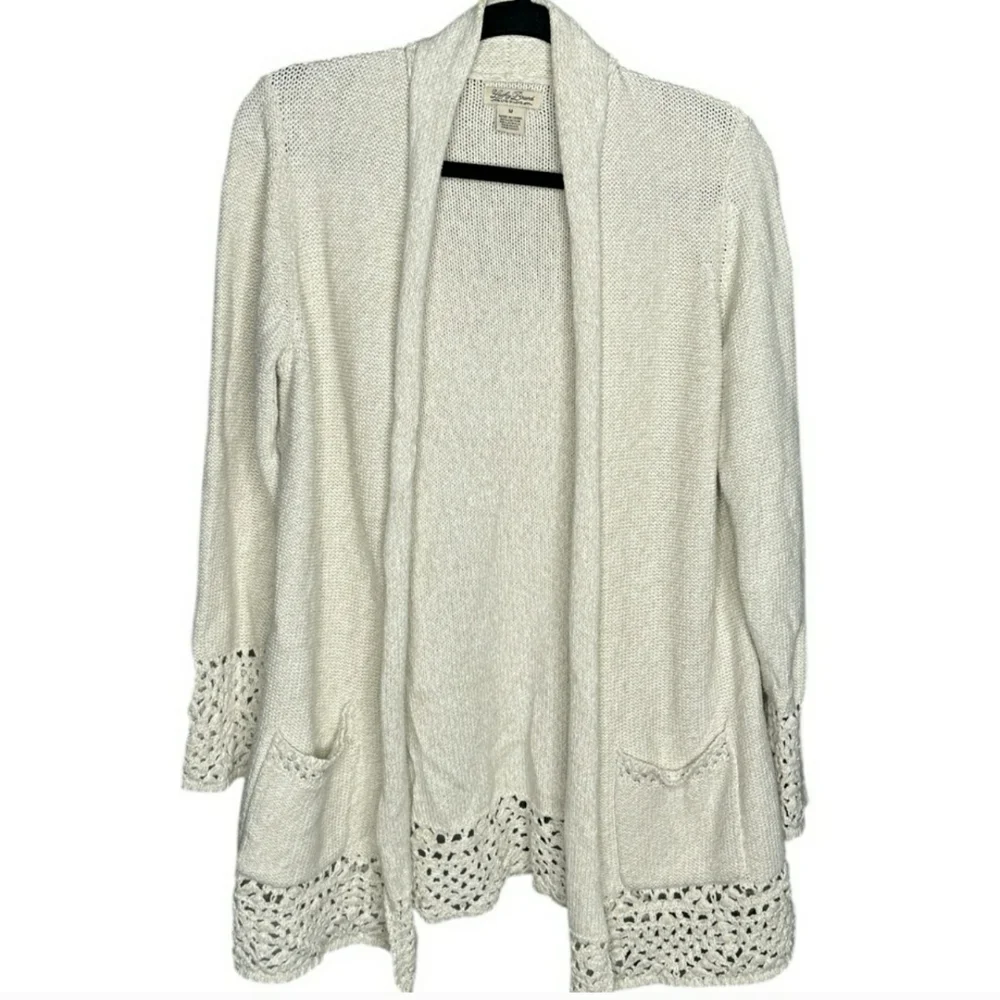 Lucky Brand Ivory Open Front Crochet Trim Cardigan Sweater Medium Boho